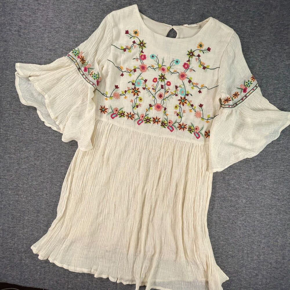 Altar'd State Embroidered Floral Bell Sleeve Boho Dress Small Cream Cottagecore - Picture 3 of 12